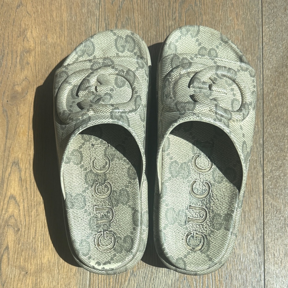 Gucci Gray Monogram Platform Slides - image 2